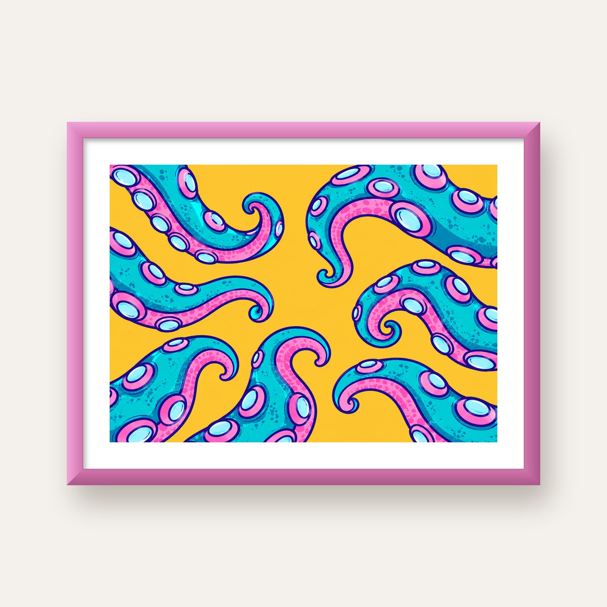 Renkli Ahtapot Kolları Poster – Canlı Dijital Sanat Baskısı — pembe çerçeveli paspartulu