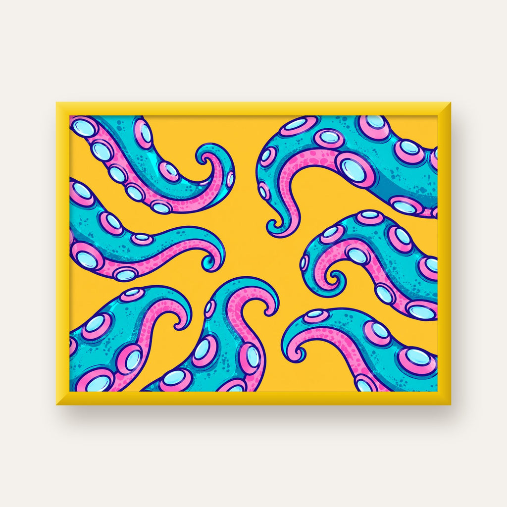 Renkli Ahtapot Kolları Poster – Canlı Dijital Sanat Baskısı — sarı çerçeveli