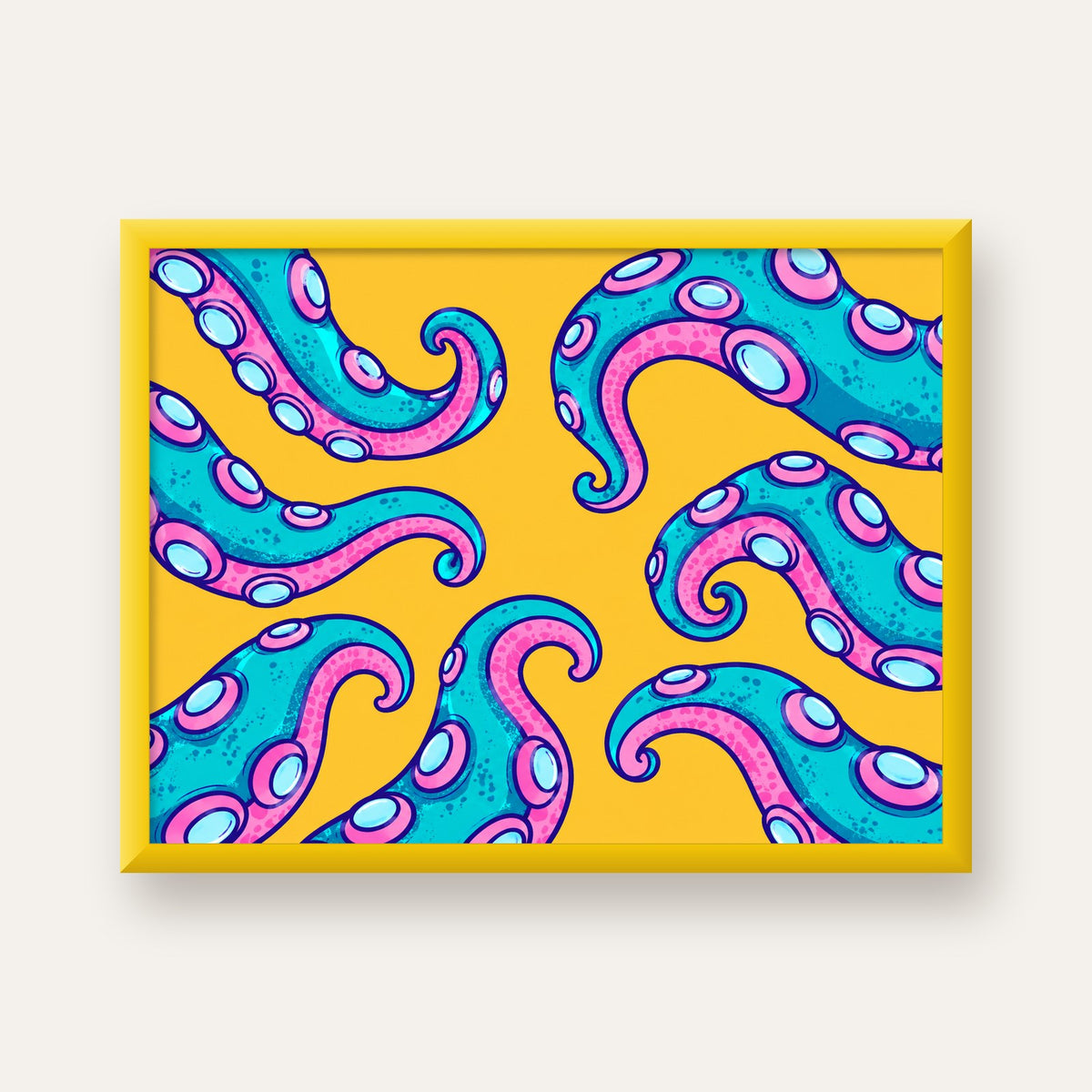 Renkli Ahtapot Kolları Poster – Canlı Dijital Sanat Baskısı — sarı çerçeveli