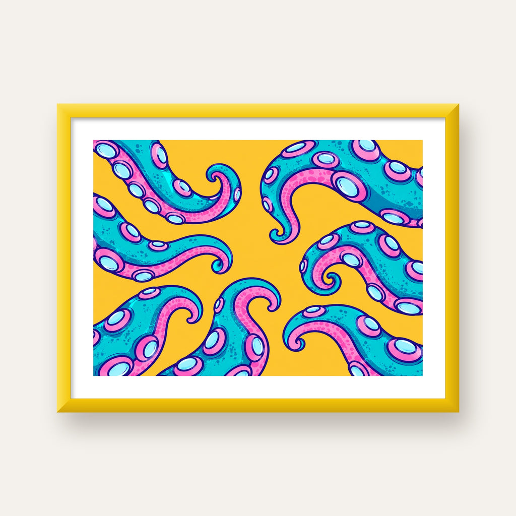 Renkli Ahtapot Kolları Poster – Canlı Dijital Sanat Baskısı — sarı çerçeveli paspartulu