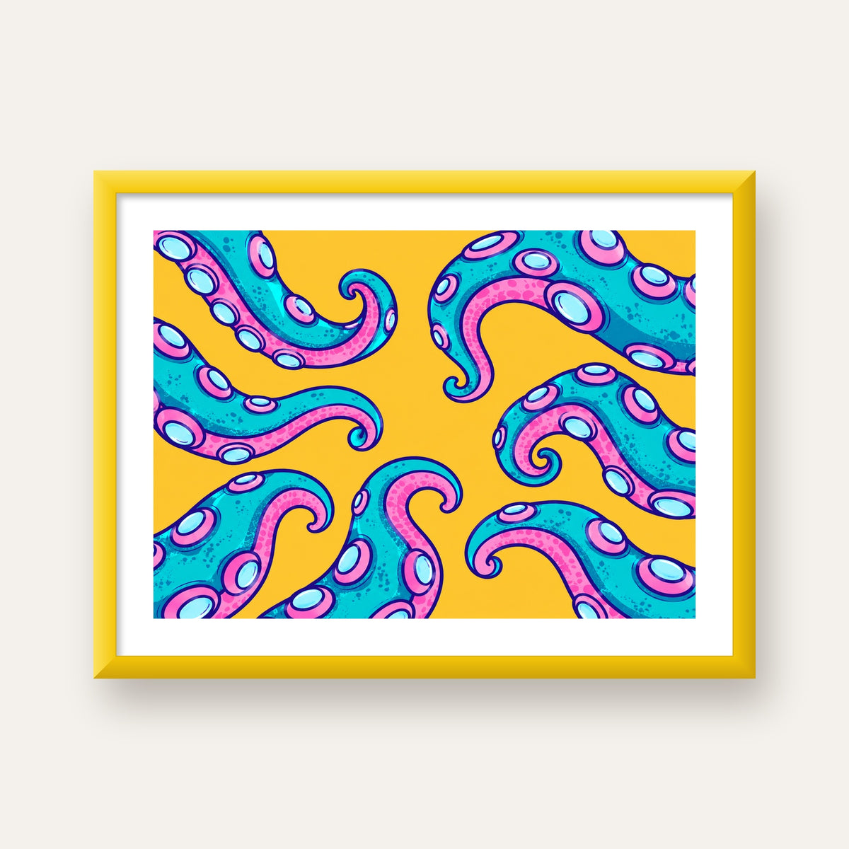 Renkli Ahtapot Kolları Poster – Canlı Dijital Sanat Baskısı — sarı çerçeveli paspartulu