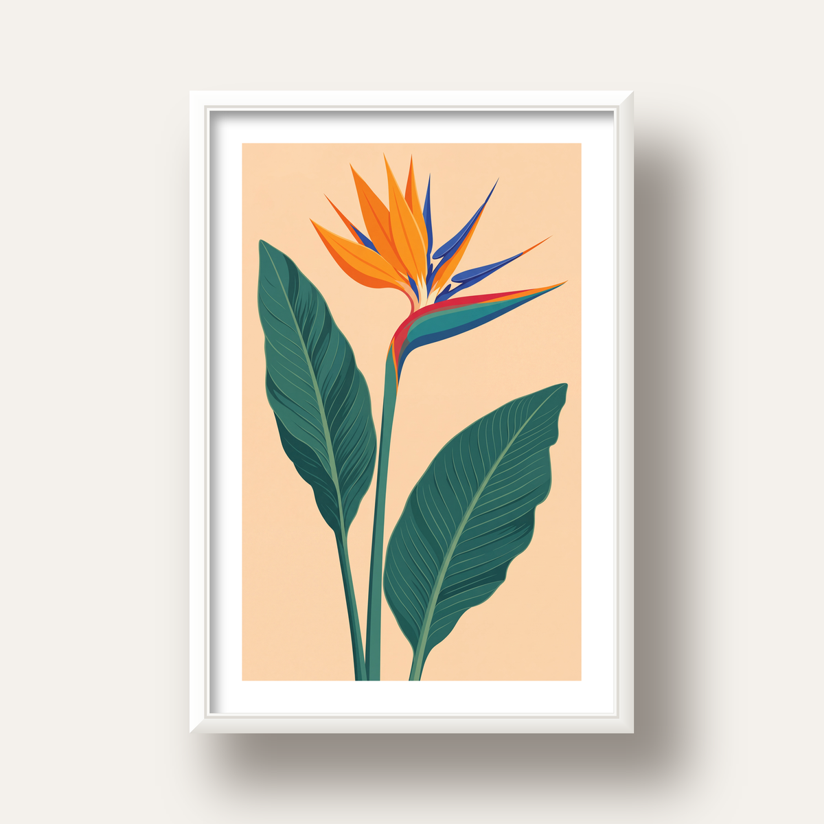 Turuncu Cennet Kuşu Çiçeği Poster – Canlı Botanik Sanat Baskısı — beyaz derin çerçeveli paspartulu