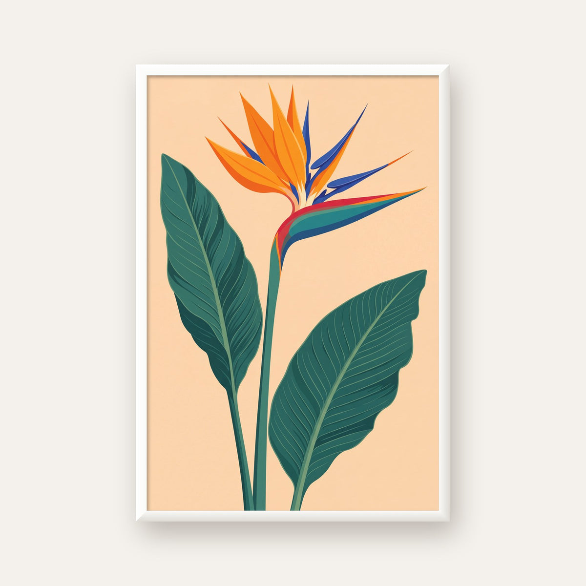 Turuncu Cennet Kuşu Çiçeği Poster – Canlı Botanik Sanat Baskısı — beyaz çerçeveli dikey poster