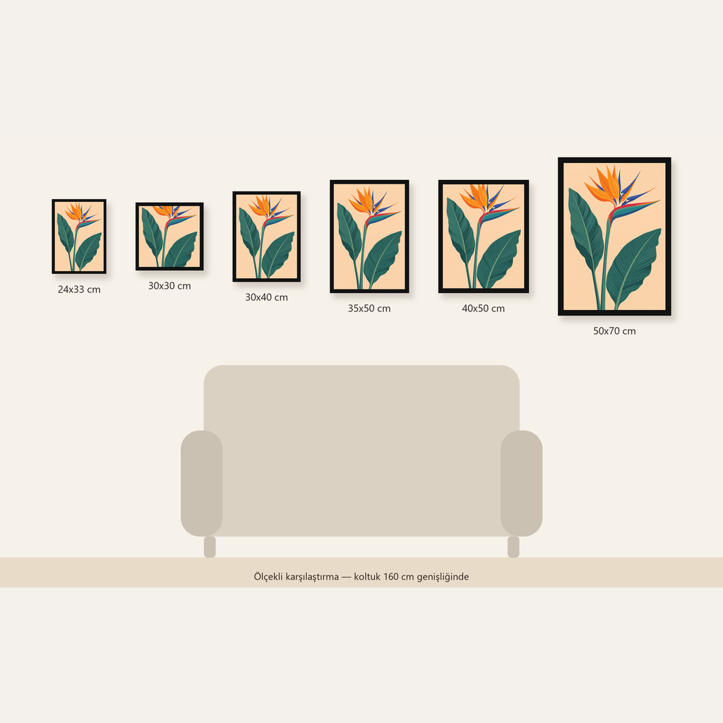 Turuncu Cennet Kuşu Çiçeği Poster – Canlı Botanik Sanat Baskısı — 24×33 cm'den 50×70 cm'e, altı ölçünün karşılaştırması