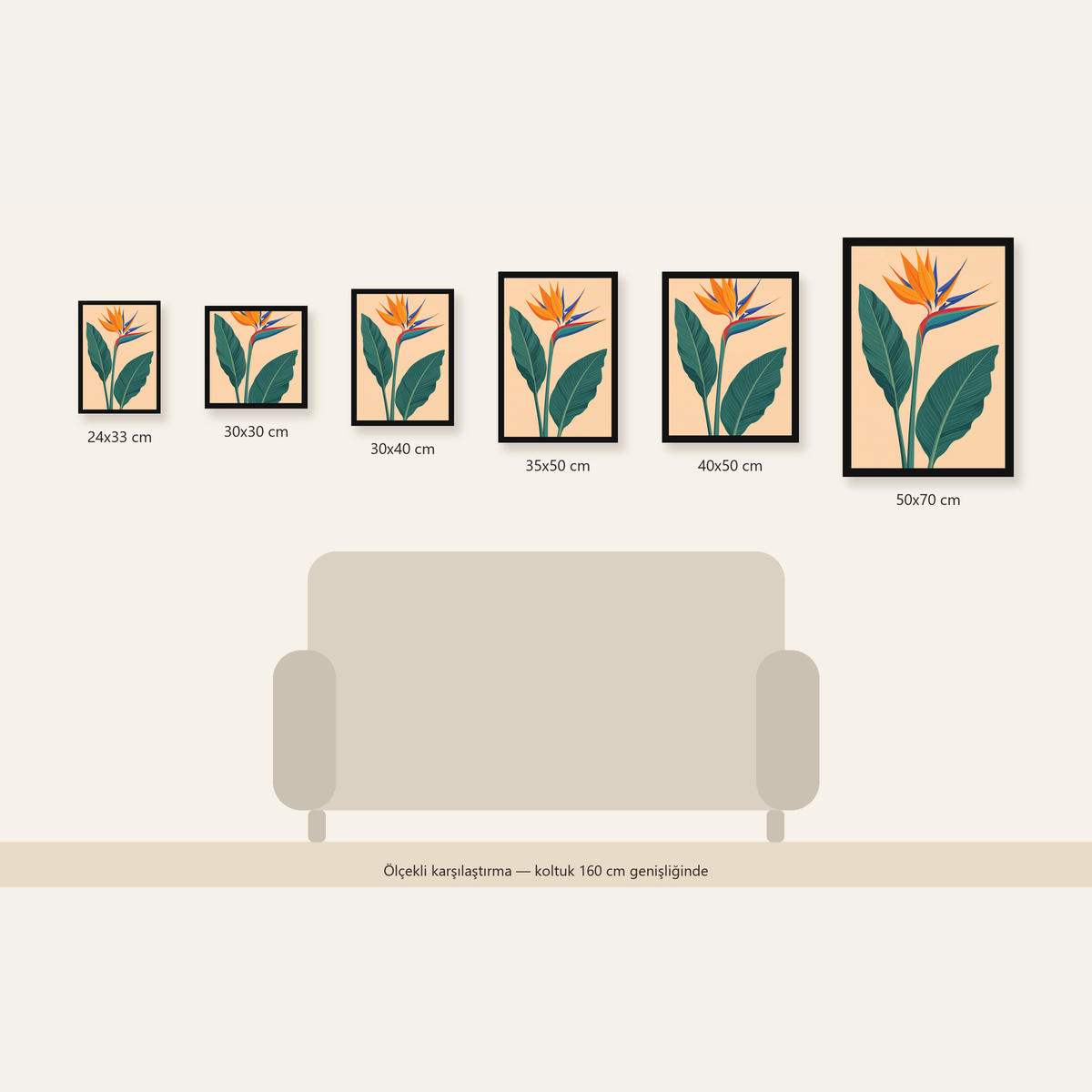 Turuncu Cennet Kuşu Çiçeği Poster – Canlı Botanik Sanat Baskısı — 24×33 cm'den 50×70 cm'e, altı ölçünün karşılaştırması