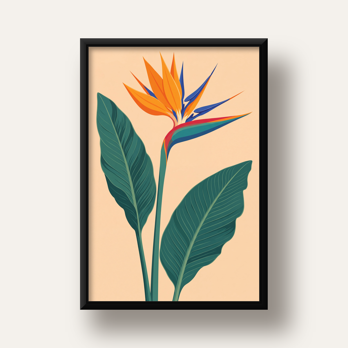 Turuncu Cennet Kuşu Çiçeği Poster – Canlı Botanik Sanat Baskısı — siyah derin çerçeveli