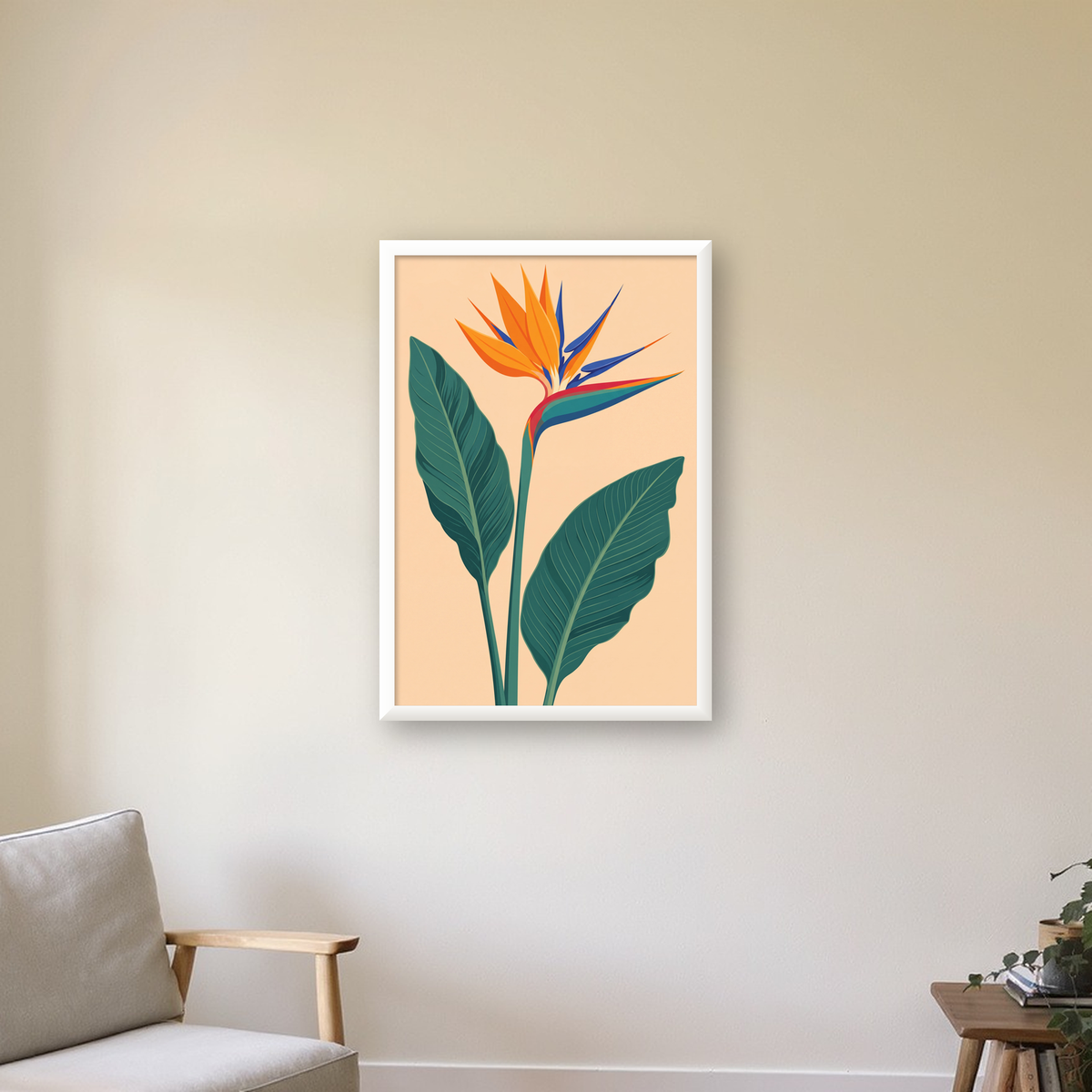 Turuncu Cennet Kuşu Çiçeği Poster – Canlı Botanik Sanat Baskısı — beyaz çerçeveli dikey poster