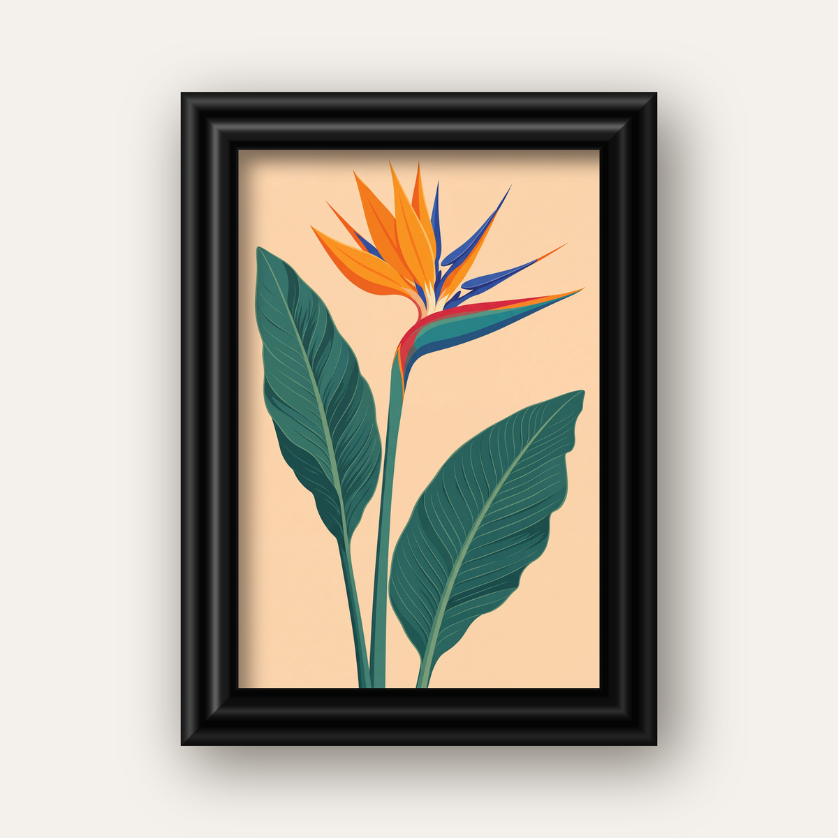 Turuncu Cennet Kuşu Çiçeği Poster – Canlı Botanik Sanat Baskısı — siyah galeri çerçeveli