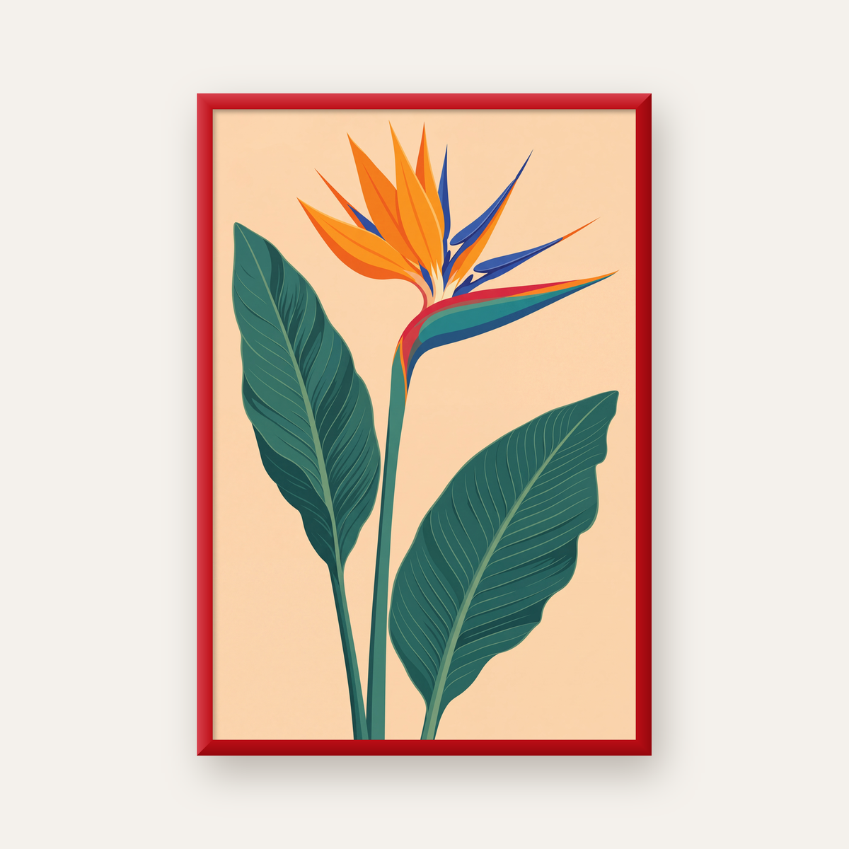 Turuncu Cennet Kuşu Çiçeği Poster – Canlı Botanik Sanat Baskısı — kırmızı çerçeveli