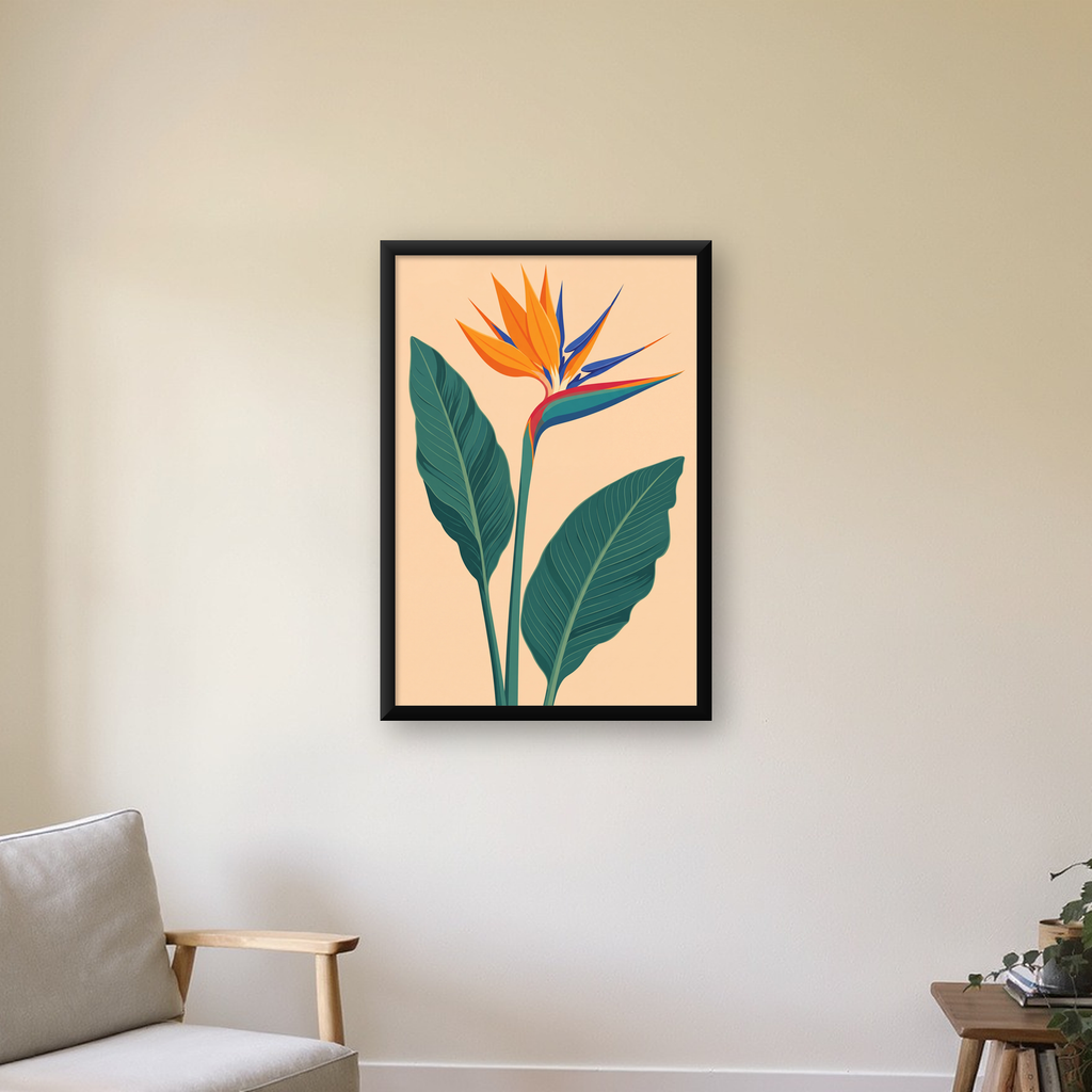 Turuncu Cennet Kuşu Çiçeği Poster – Canlı Botanik Sanat Baskısı — çerçeveli hâliyle bir ev duvarında