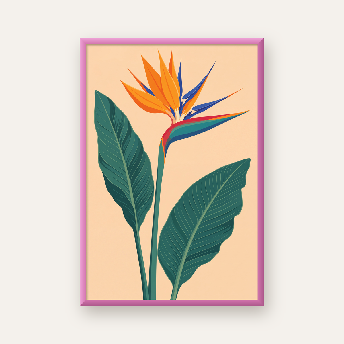 Turuncu Cennet Kuşu Çiçeği Poster – Canlı Botanik Sanat Baskısı — pembe çerçeveli