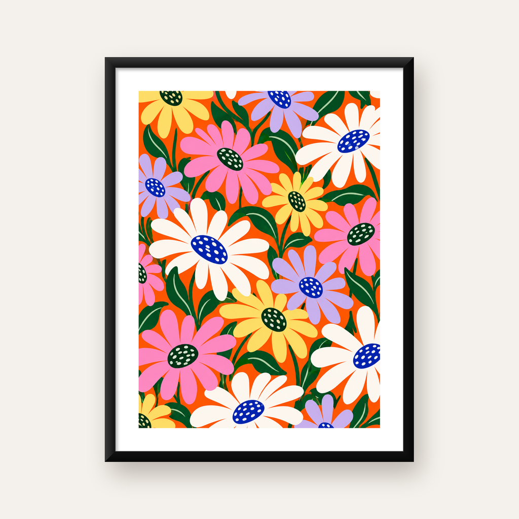 Renkli Papatya Desenli Poster – Canlı Çiçekli Dekor Sanatı — Dikey baskı, beyaz kenar boşluklu