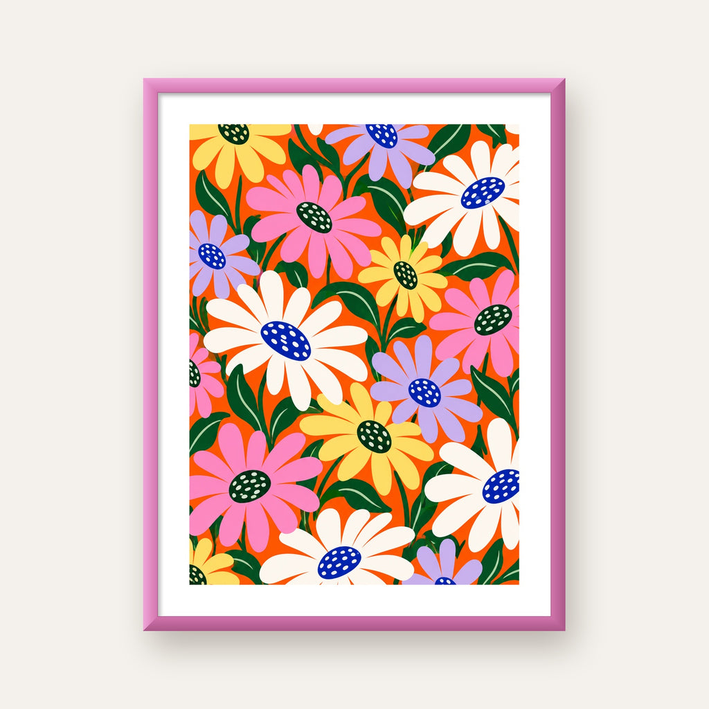 Renkli Papatya Desenli Dijital Çiçek Poster – Sıcak Turuncu — pembe çerçeveli paspartulu