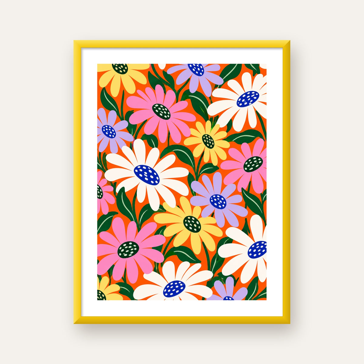 Renkli Papatya Desenli Dijital Çiçek Poster – Sıcak Turuncu — sarı çerçeveli paspartulu