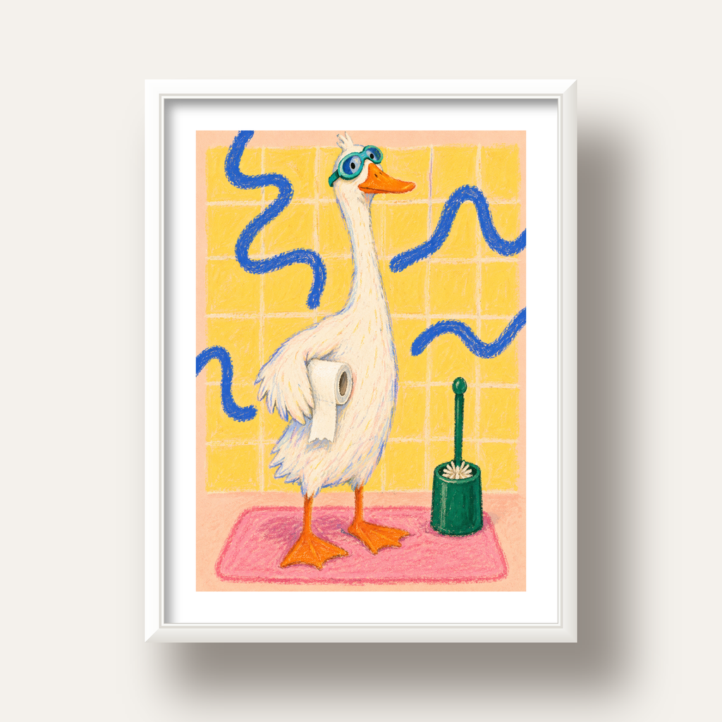 Komik Banyo Ördeği Poster – Pastel Mizahi Duvar Sanatı — beyaz derin çerçeveli paspartulu