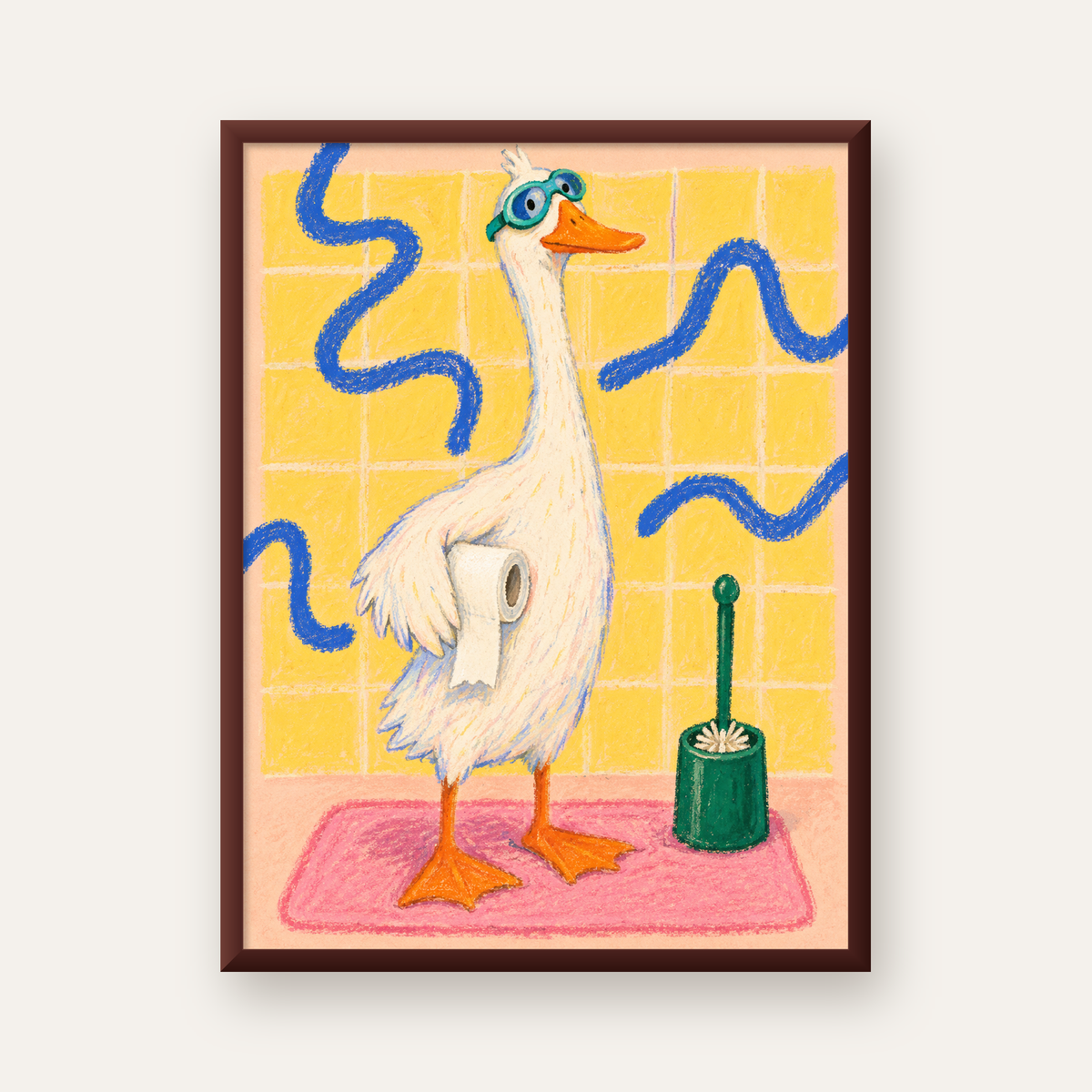 Komik Banyo Ördeği Poster – Pastel Mizahi Duvar Sanatı — ceviz çerçeveli