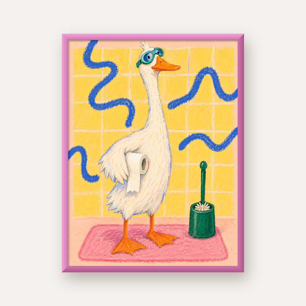 Komik Banyo Ördeği Poster – Pastel Mizahi Duvar Sanatı — pembe çerçeveli