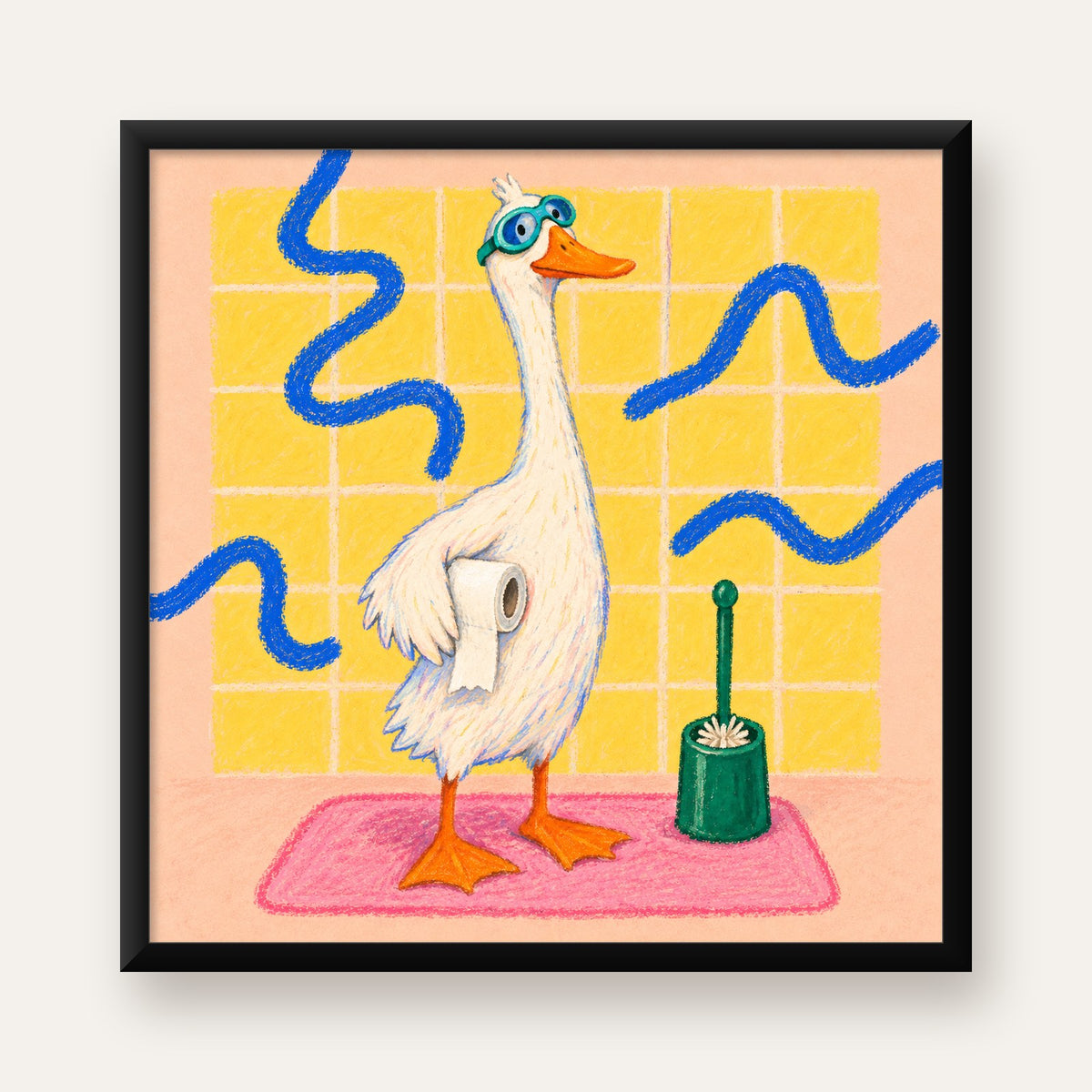 Komik Banyo Ördeği Poster – Pastel Mizahi Duvar Sanatı — Kare baskı, düz siyah çerçeveli duvar posteri