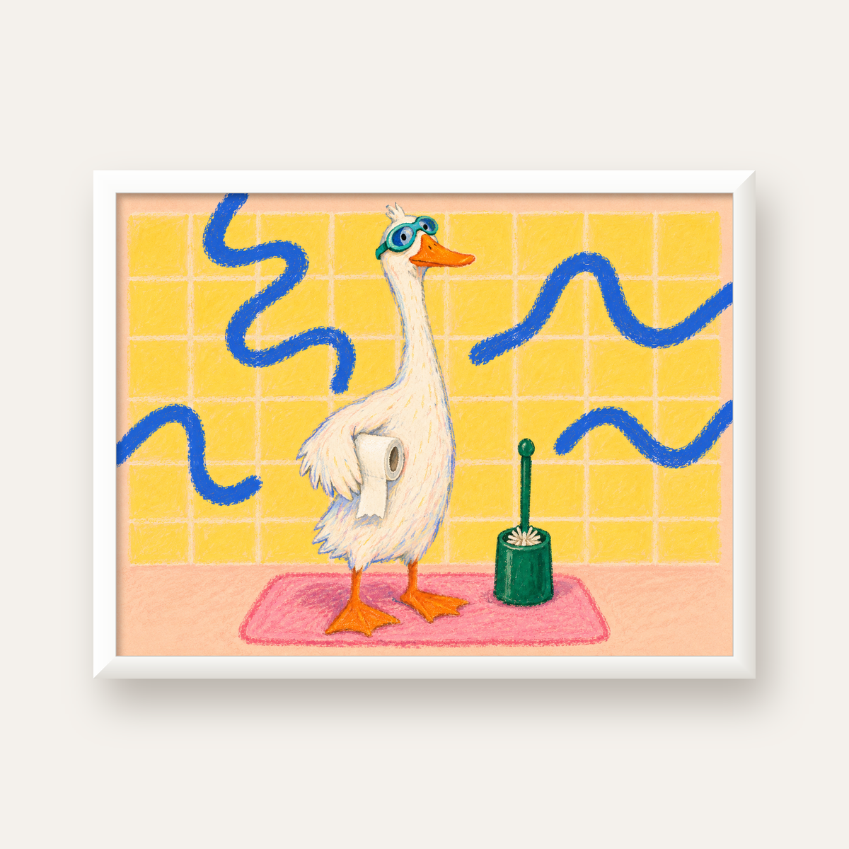 Komik Banyo Ördeği Poster – Pastel Mizahi Duvar Sanatı — beyaz çerçeveli yatay poster