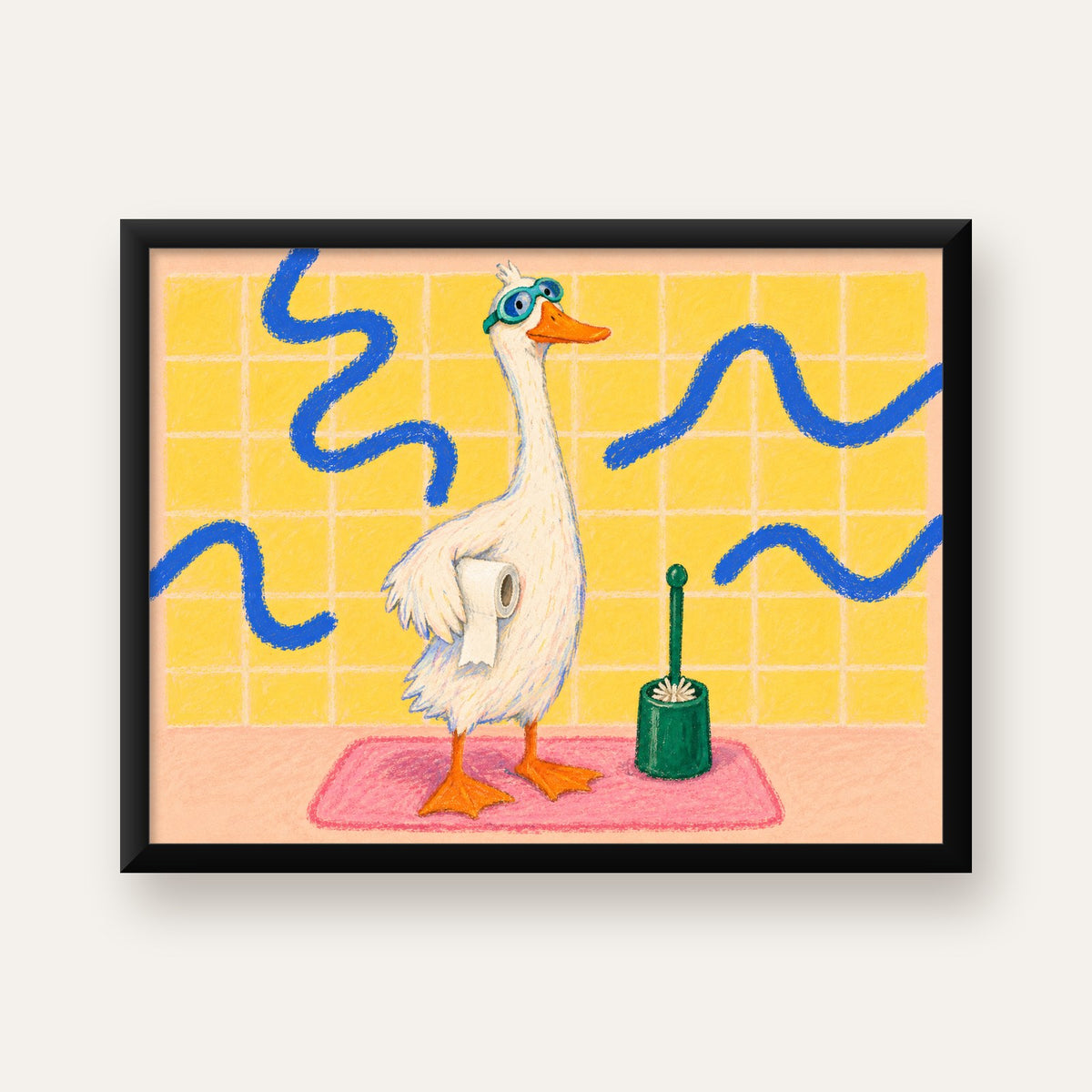 Komik Banyo Ördeği Poster – Pastel Mizahi Duvar Sanatı — Yatay baskı, düz siyah çerçeveli duvar posteri