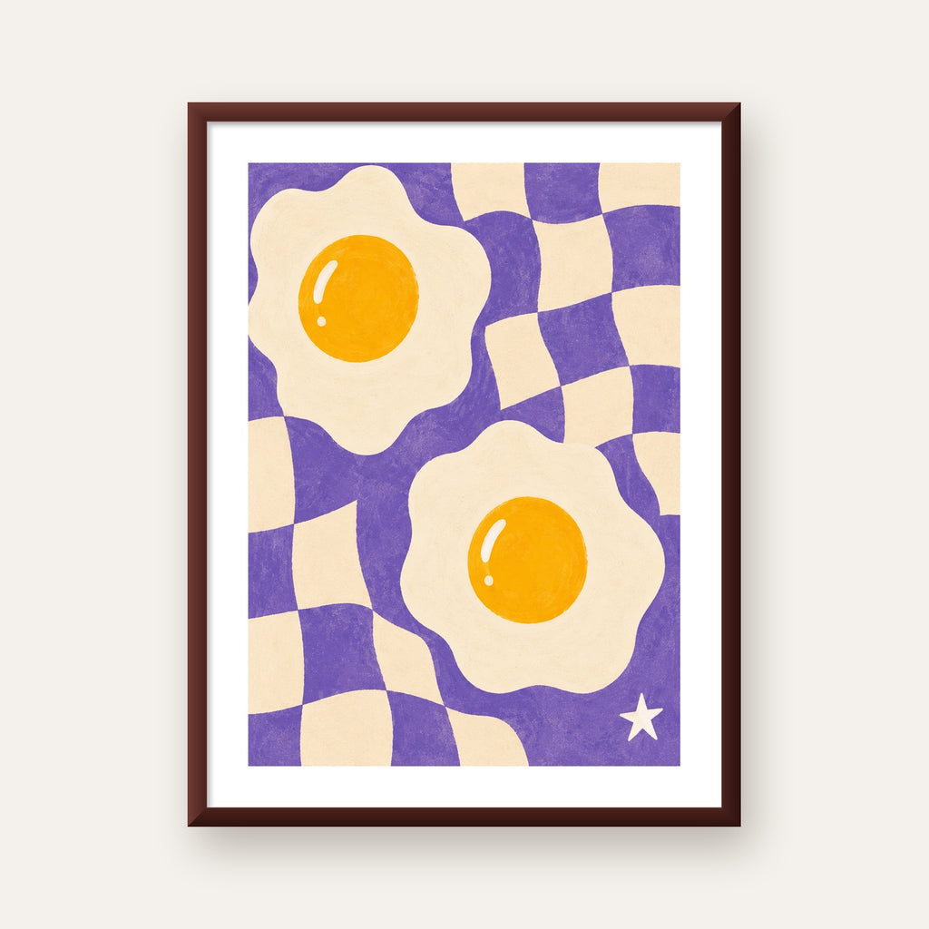 Retro Yumurta İllüstrasyonu Poster – Modern ve Neşeli Duvar Dekoru — ceviz çerçeveli paspartulu