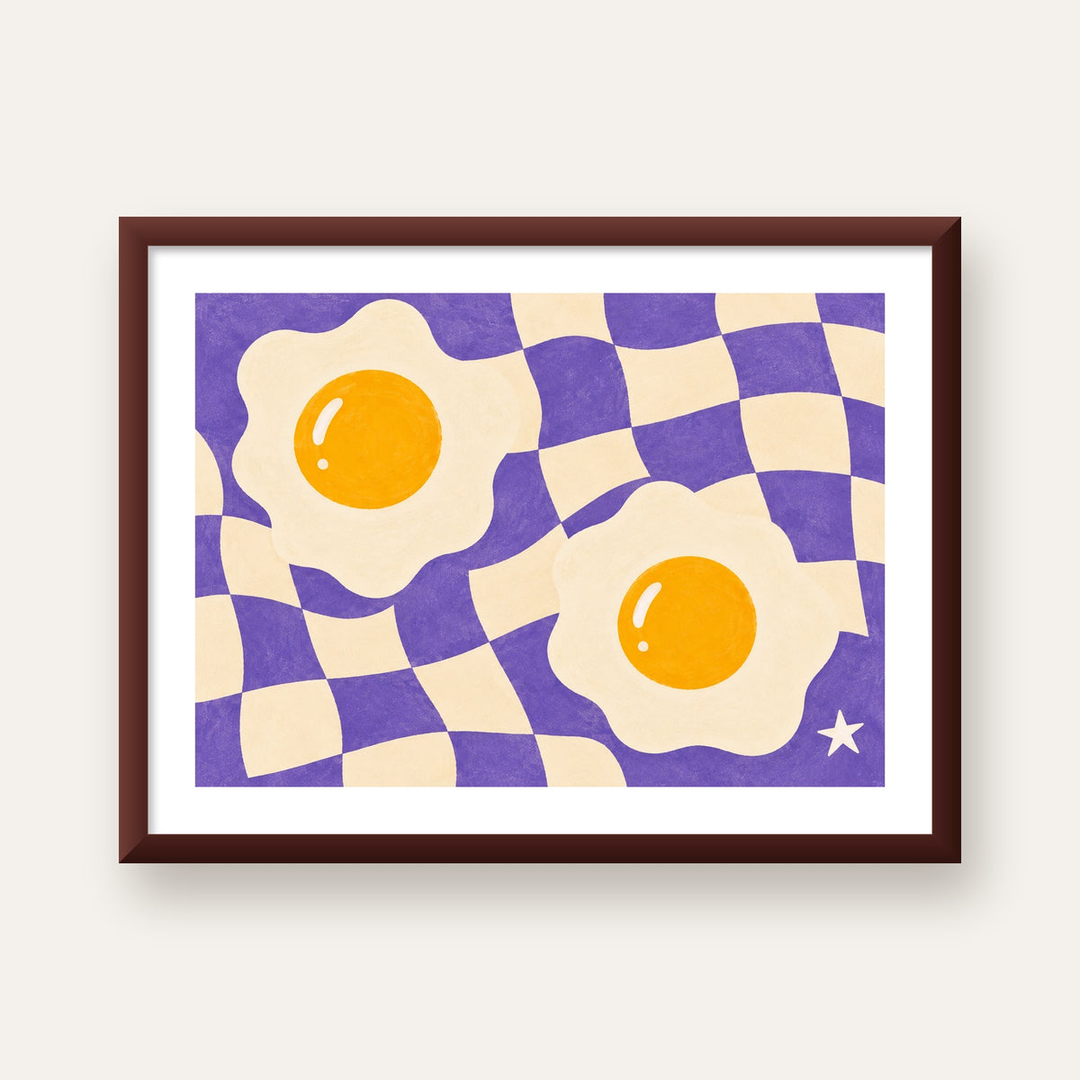Retro Yumurta İllüstrasyonu Poster – Modern ve Neşeli Duvar Dekoru — ceviz çerçeveli paspartulu