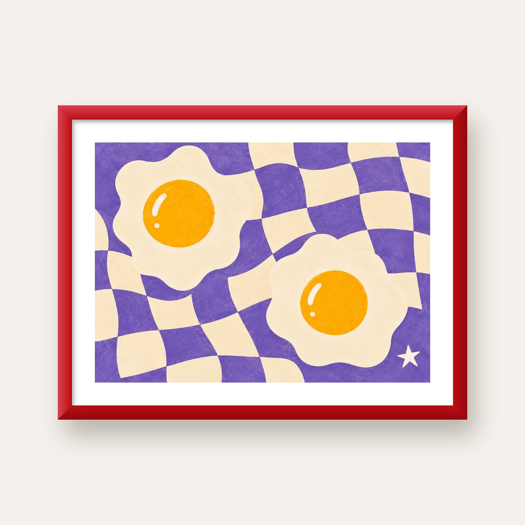 Retro Yumurta İllüstrasyonu Poster – Modern ve Neşeli Duvar Dekoru — kırmızı çerçeveli paspartulu