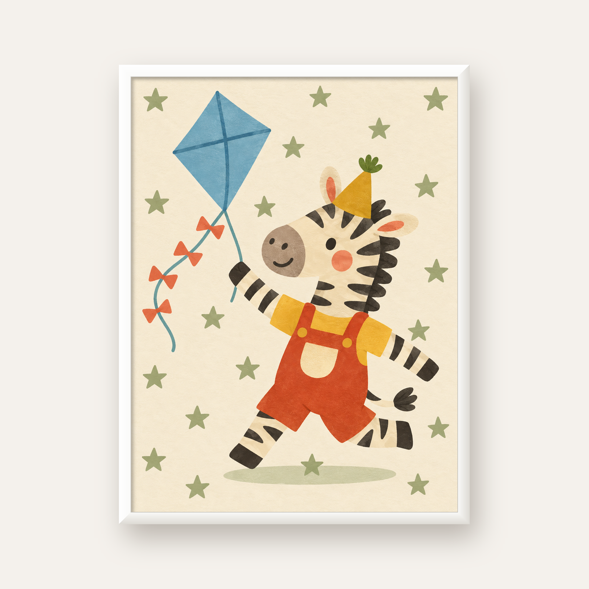 Uçurtmalı Zebra — beyaz çerçeveli dikey poster