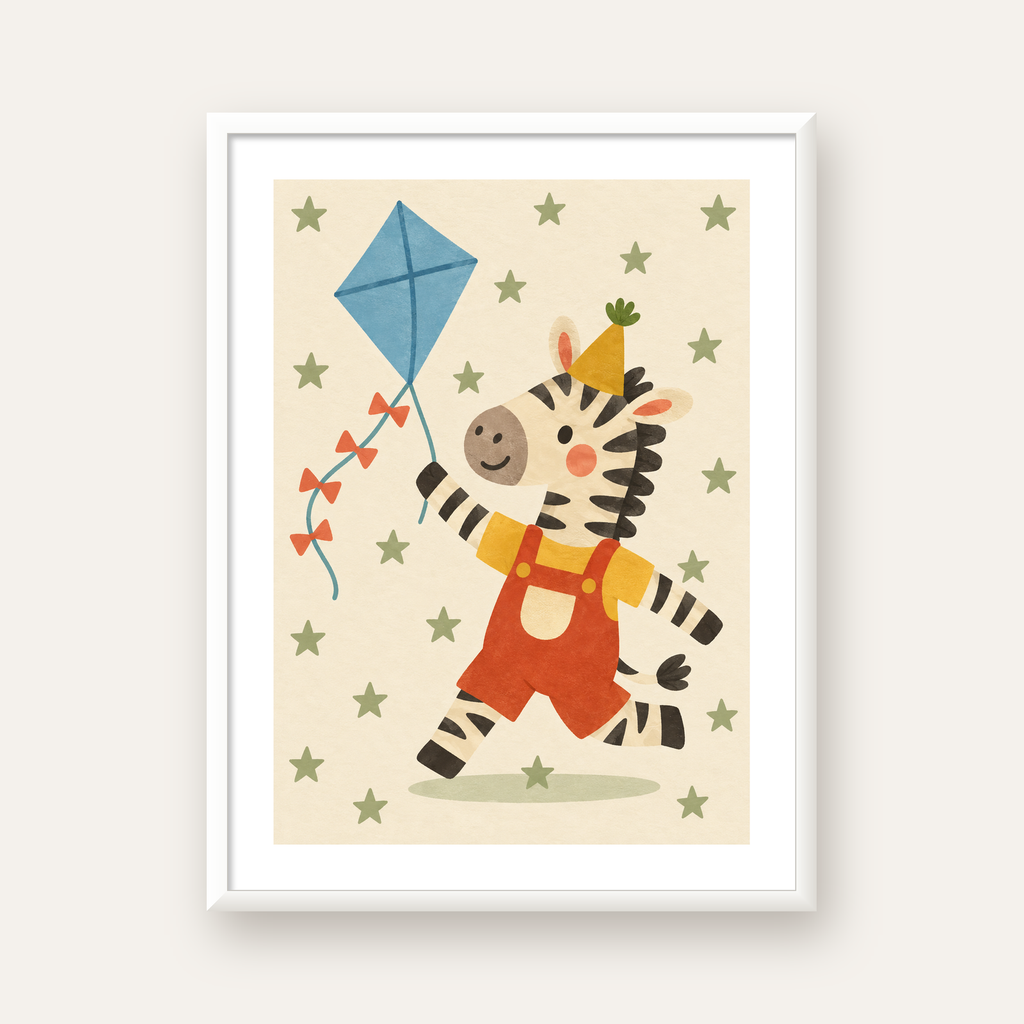 Uçurtmalı Zebra — beyaz çerçeveli dikey poster