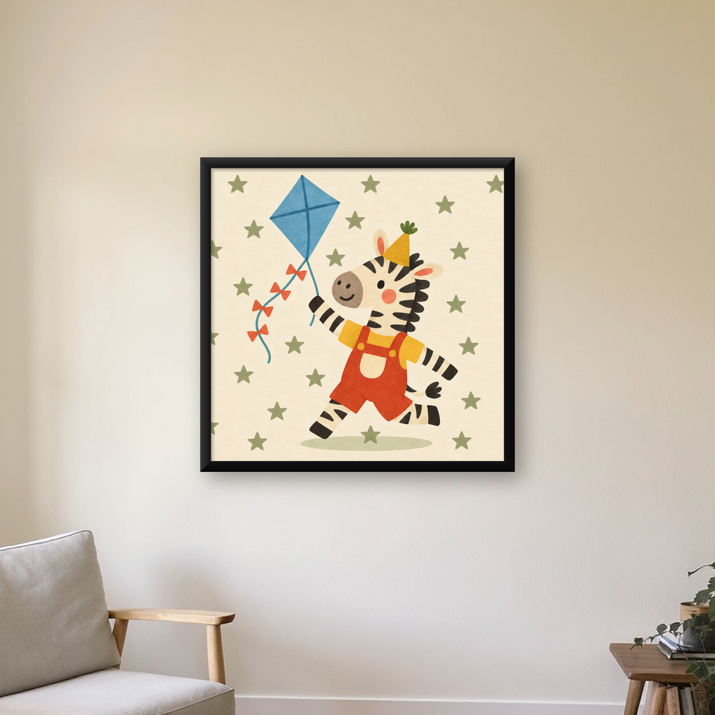Uçurtma Uçuran Zebra - Çocuk Odası Sanat Posteri — Kare baskı, çerçeveli hâliyle bir ev duvarında