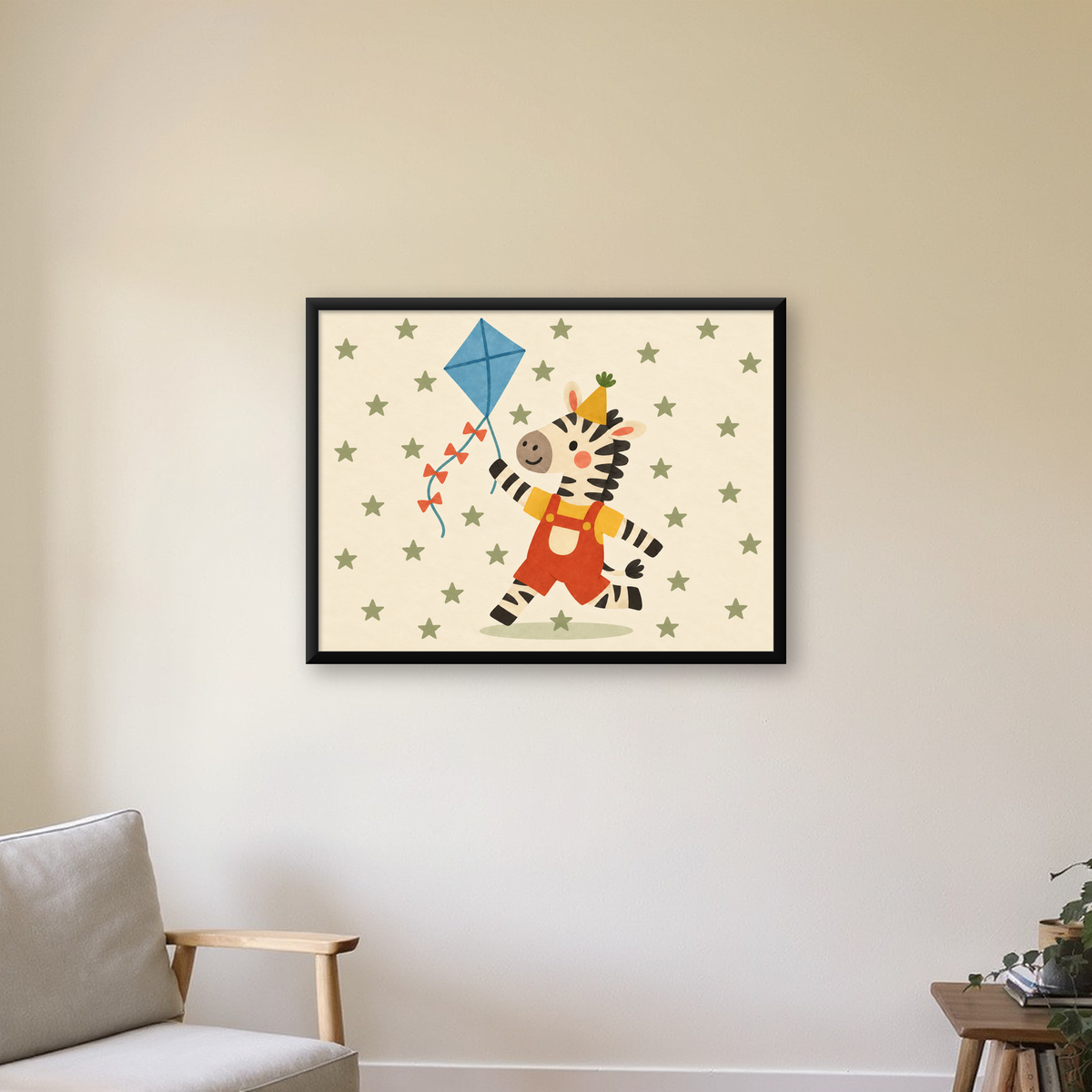 Uçurtma Uçuran Zebra - Çocuk Odası Sanat Posteri — Yatay baskı, çerçeveli hâliyle bir ev duvarında