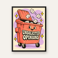 Karikatür Çöp Kutusu Poster – Unsolicited Opinions Yazılı — Dikey baskı, düz siyah çerçeveli duvar posteri