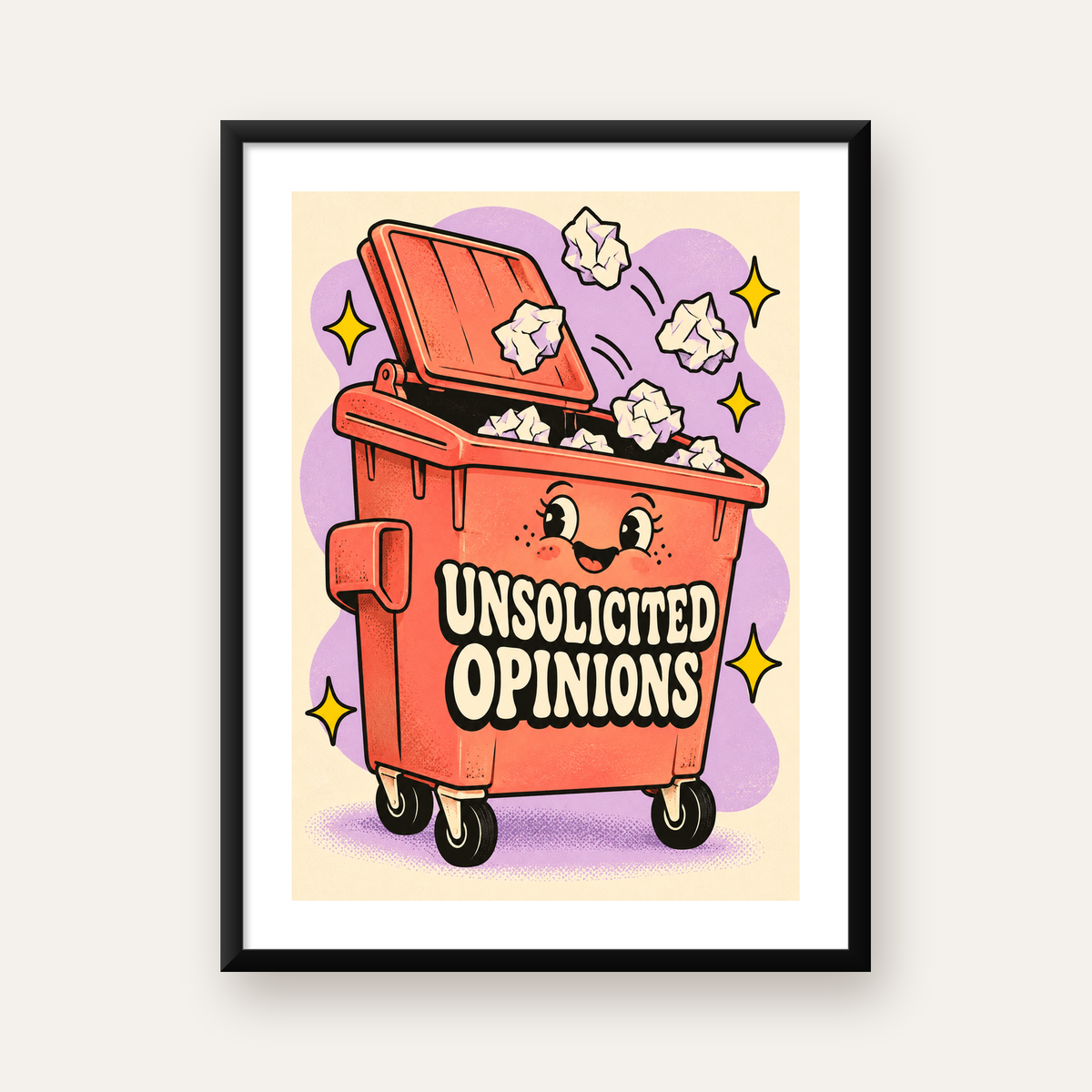 Karikatür Çöp Kutusu Poster – Unsolicited Opinions Yazılı — Dikey baskı, beyaz kenar boşluklu