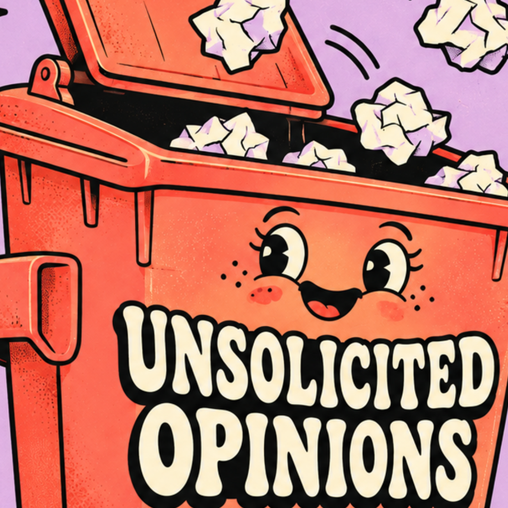 Karikatür Çöp Kutusu Poster – Unsolicited Opinions Yazılı — baskının yakın çekimi, kâğıt dokusu ve renk detayı