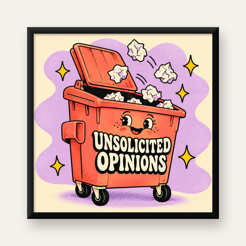 Karikatür Çöp Kutusu Poster – Unsolicited Opinions Yazılı — Kare baskı, düz siyah çerçeveli duvar posteri