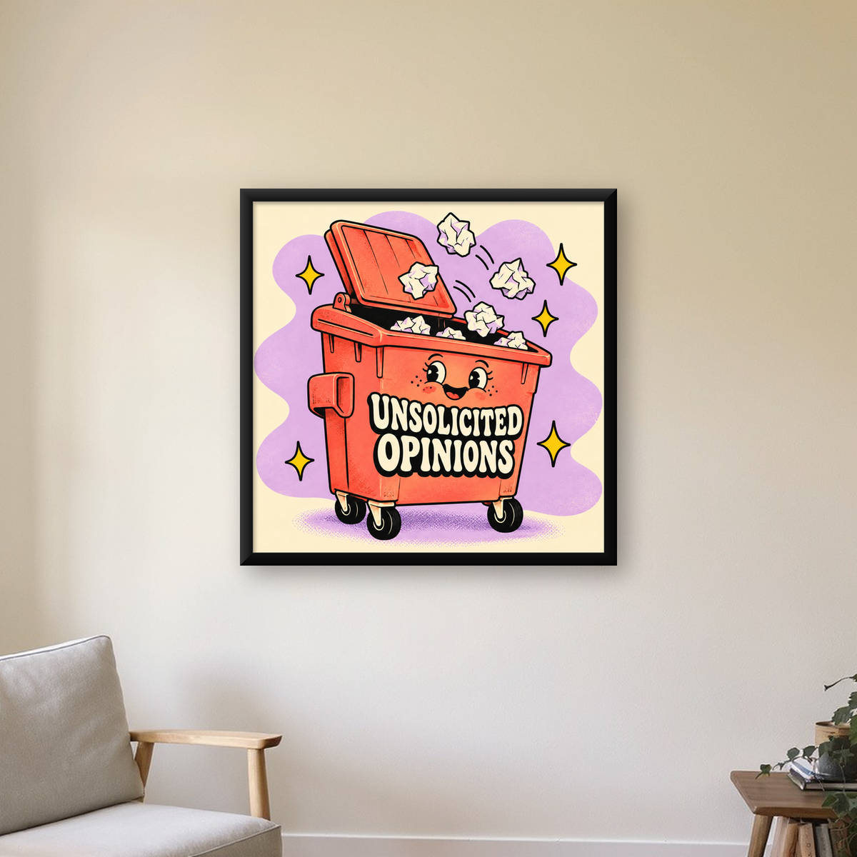 Karikatür Çöp Kutusu Poster – Unsolicited Opinions Yazılı — Kare baskı, çerçeveli hâliyle bir ev duvarında