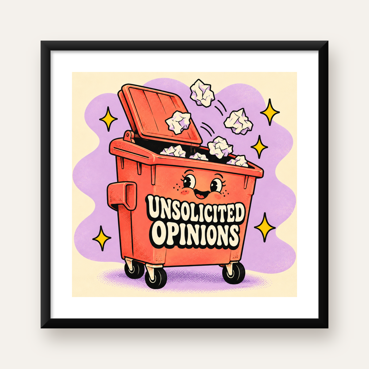 Karikatür Çöp Kutusu Poster – Unsolicited Opinions Yazılı — Kare baskı, beyaz kenar boşluklu