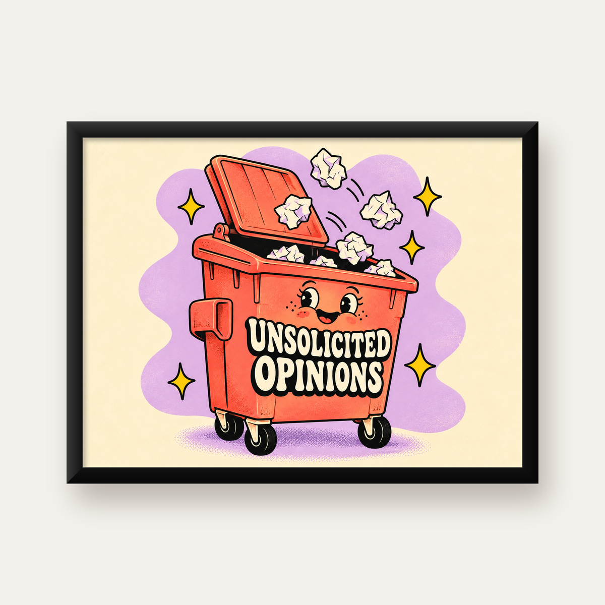 Karikatür Çöp Kutusu Poster – Unsolicited Opinions Yazılı — Yatay baskı, düz siyah çerçeveli duvar posteri