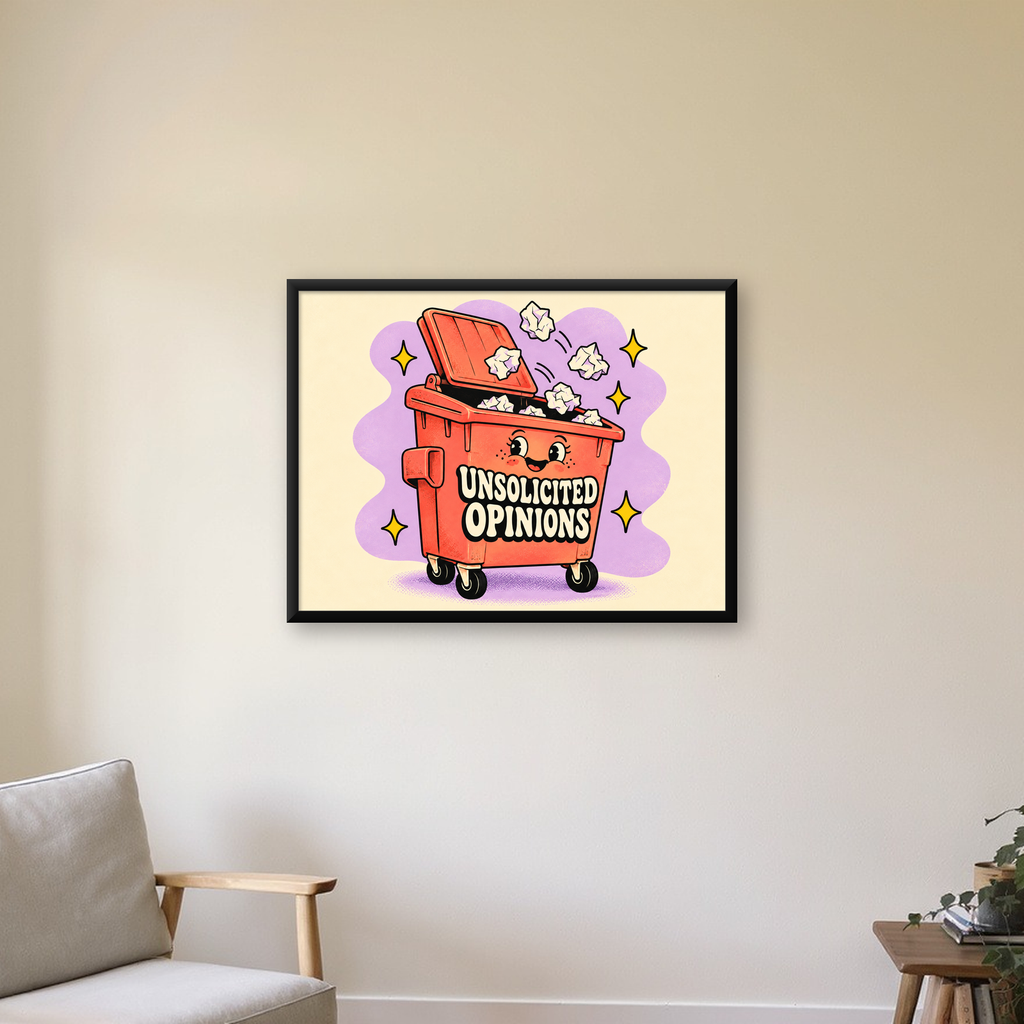 Karikatür Çöp Kutusu Poster – Unsolicited Opinions Yazılı — Yatay baskı, çerçeveli hâliyle bir ev duvarında