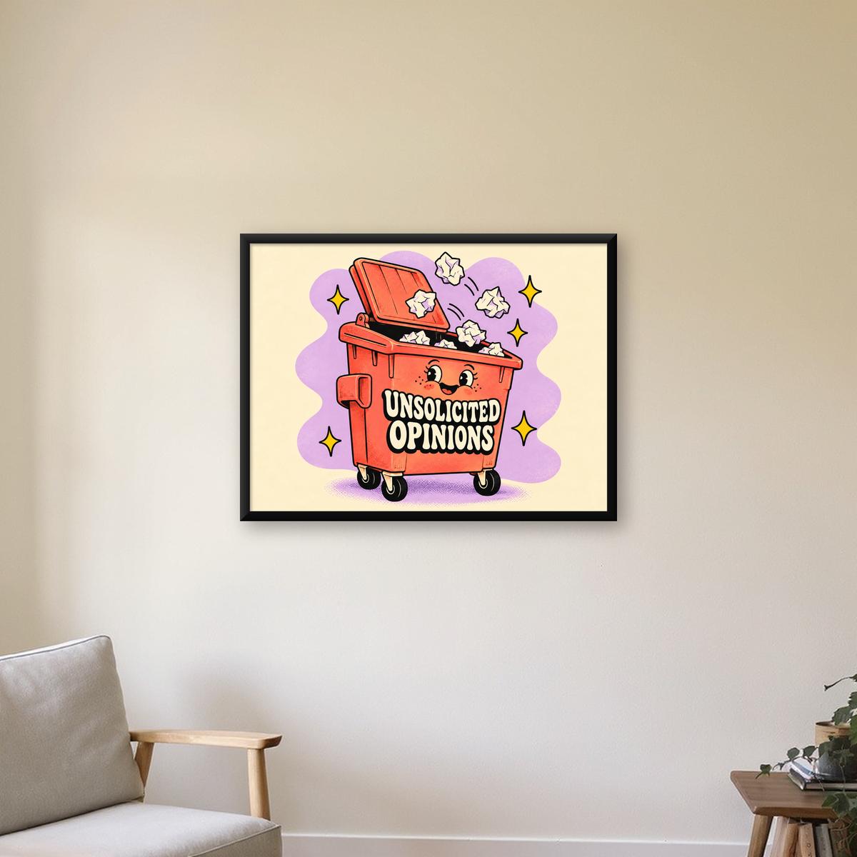 Karikatür Çöp Kutusu Poster – Unsolicited Opinions Yazılı — Yatay baskı, çerçeveli hâliyle bir ev duvarında