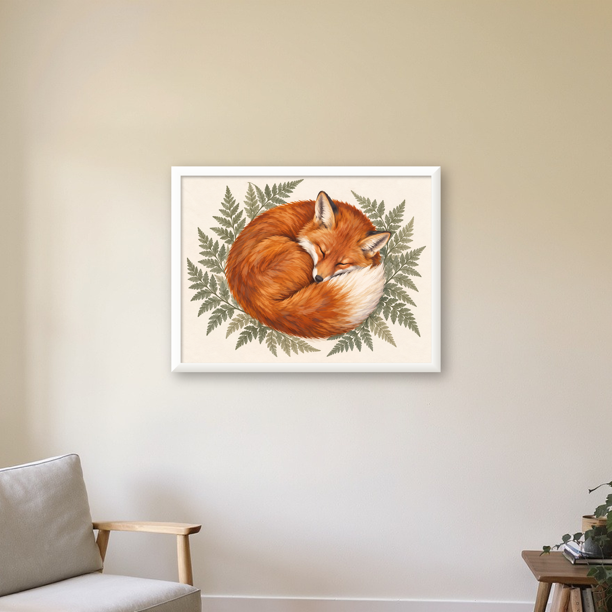 Uyuyan Tilki ve Eğreltiotu Suluboya Poster Baskı — beyaz çerçeveli yatay poster