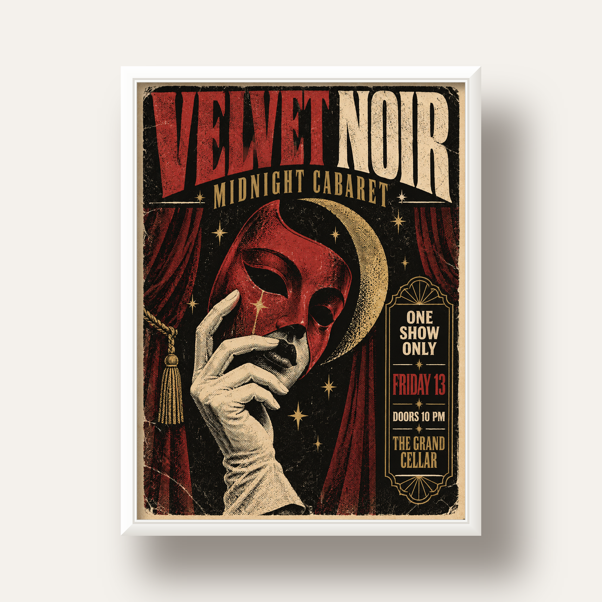 Gece Kabare Maskesi Vintage Poster – Retro Sanat Baskısı — beyaz derin çerçeveli