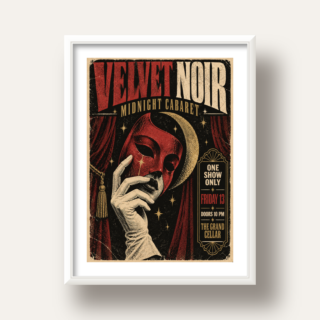 Gece Kabare Maskesi Vintage Poster – Retro Sanat Baskısı — beyaz derin çerçeveli paspartulu