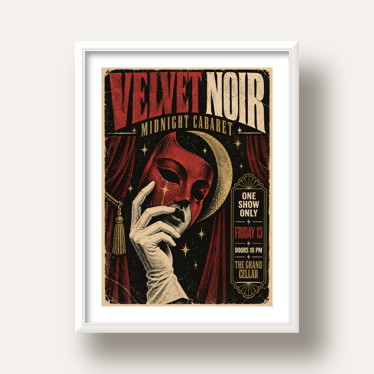 Gece Kabare Maskesi Vintage Poster – Retro Sanat Baskısı — beyaz derin çerçeveli paspartulu