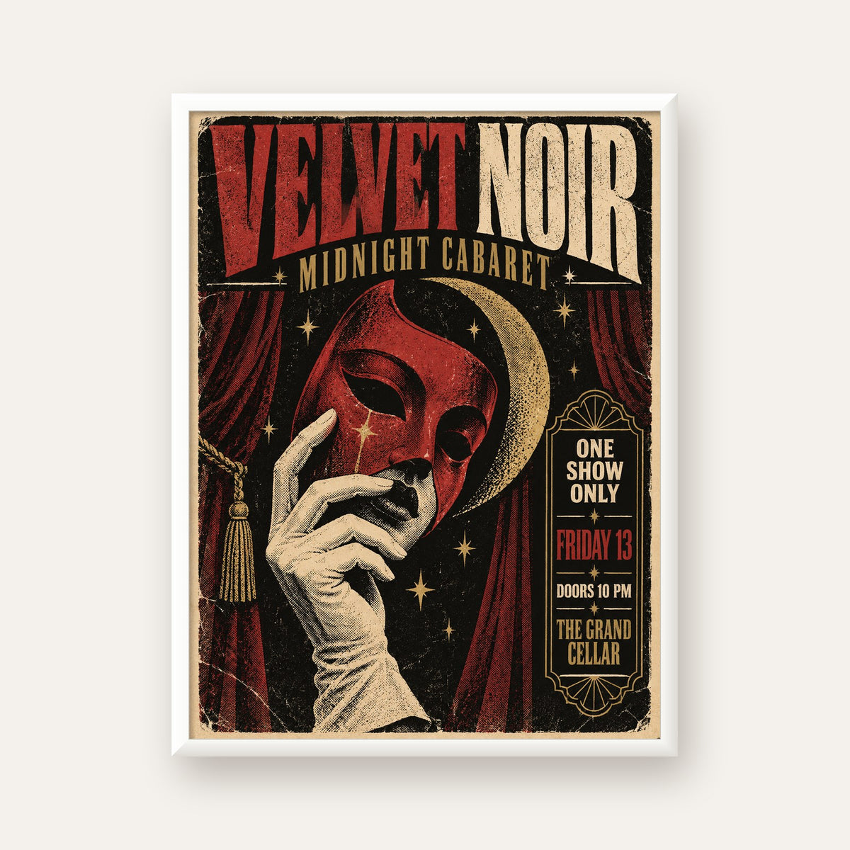 Gece Kabare Maskesi Vintage Poster – Retro Sanat Baskısı — beyaz çerçeveli dikey poster