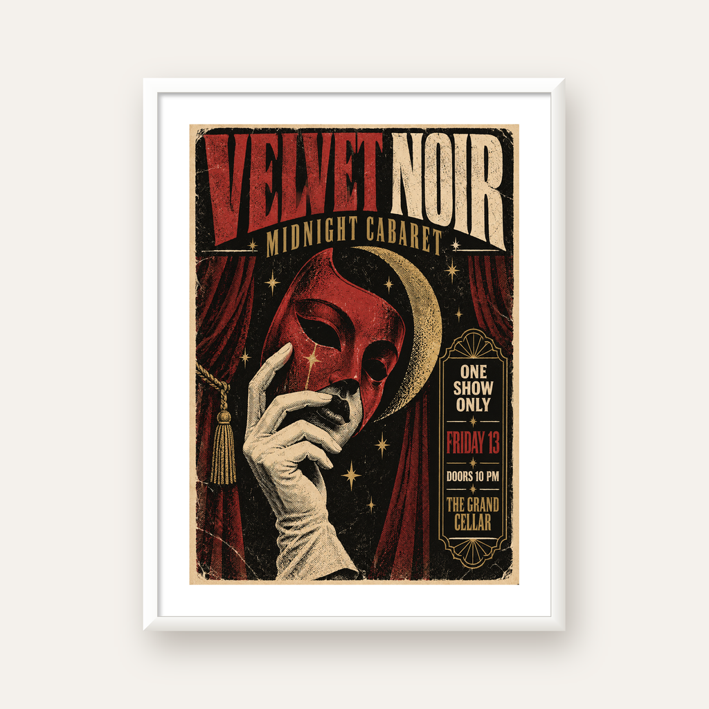Gece Kabare Maskesi Vintage Poster – Retro Sanat Baskısı — beyaz çerçeveli dikey poster