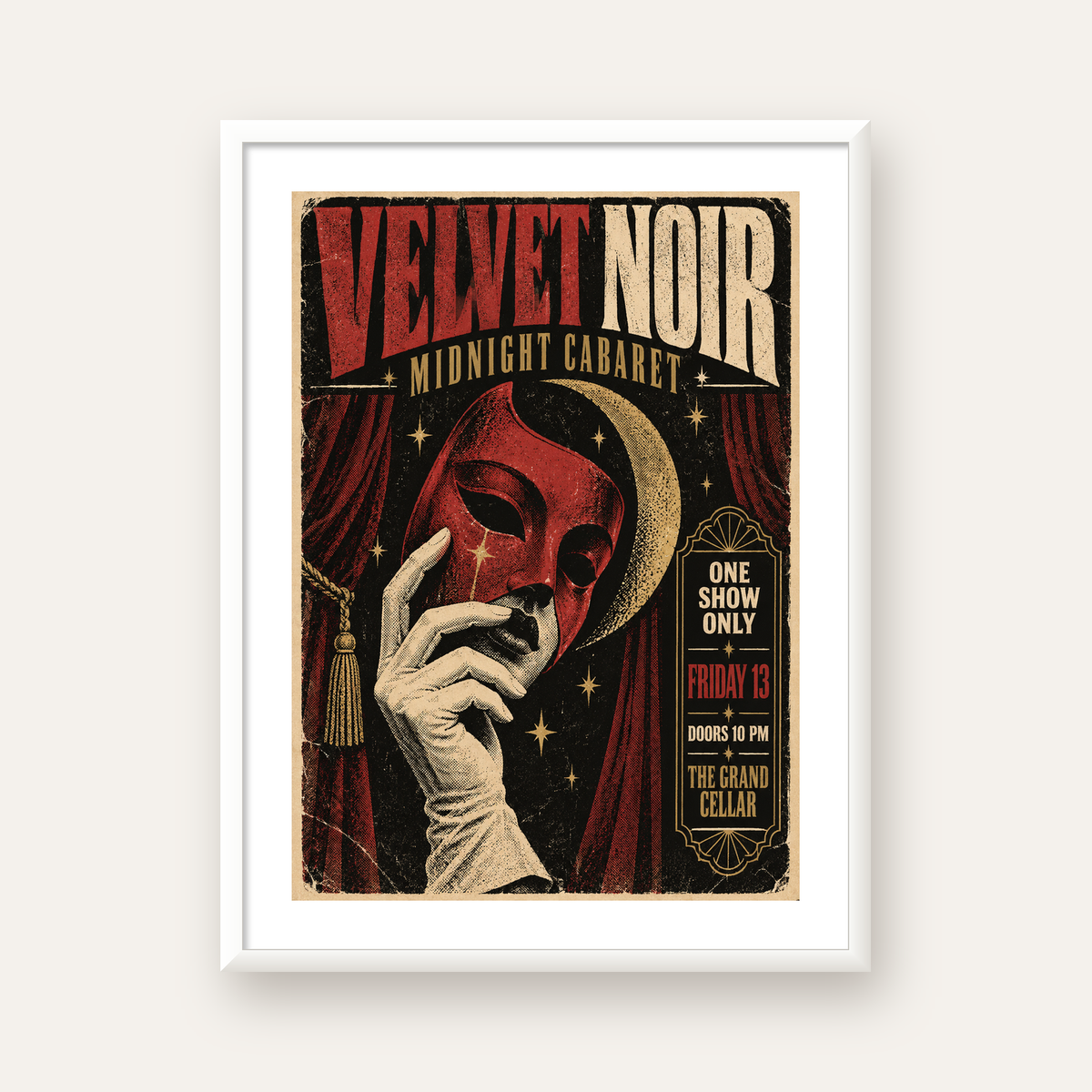 Gece Kabare Maskesi Vintage Poster – Retro Sanat Baskısı — beyaz çerçeveli dikey poster