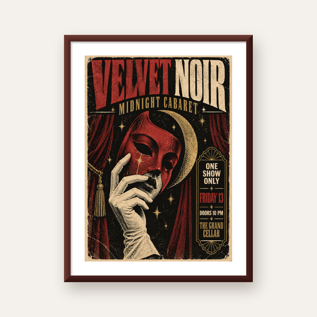 Gece Kabare Maskesi Vintage Poster – Retro Sanat Baskısı — ceviz çerçeveli paspartulu