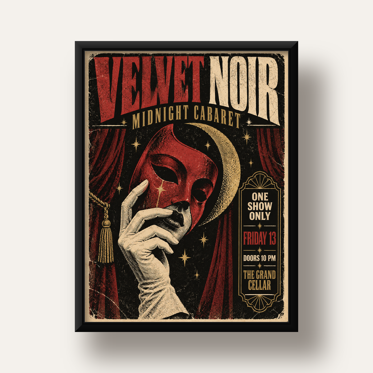 Gece Kabare Maskesi Vintage Poster – Retro Sanat Baskısı — siyah derin çerçeveli