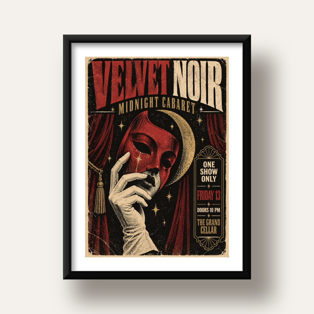 Gece Kabare Maskesi Vintage Poster – Retro Sanat Baskısı — siyah derin çerçeveli paspartulu